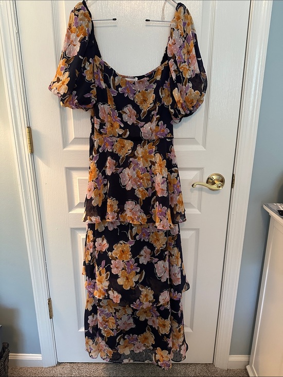 Lush Dresses & Skirts - Lush Navy & Orange Women’s Cottagecore Floral Puff-Sleeve Tiered Maxi Dress Sz M